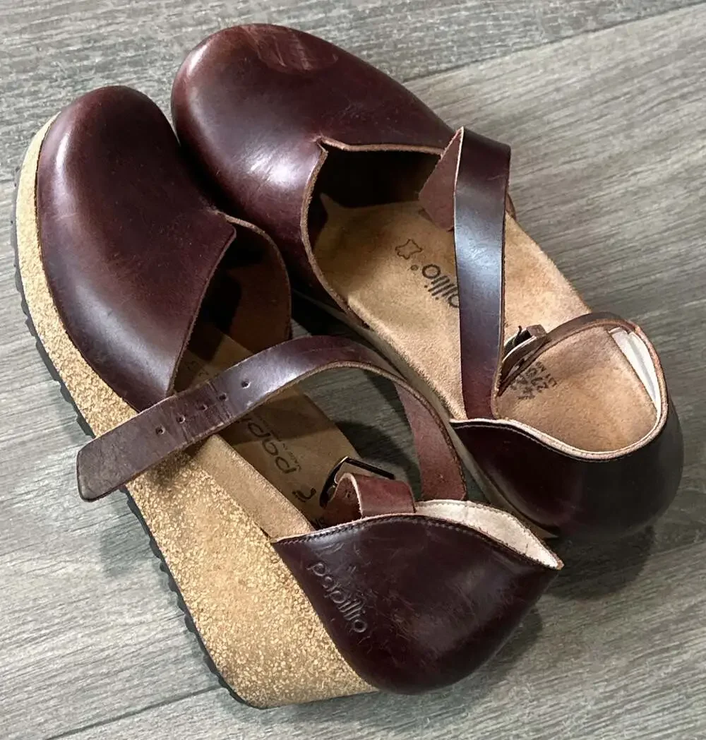 Papillio Birkenstock Mary Brown Leather Wedge Heels Cork Sandals Women's Size 42